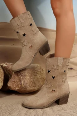 Hot Dear-Lover Western Star Decor Suede Chunky Heel Boots Beige