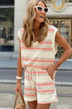 Sale Dear-Lover Western Striped Print Casual Tank 2pcs Outfit Beige