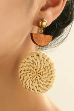 Discount Dear-Lover Wooden Woven Disc Dangle Earrings Beige