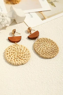 Discount Dear-Lover Wooden Woven Disc Dangle Earrings Beige