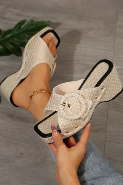 Fashion Dear-Lover Woven Buckle Decor Square Toe Chunky Wedge Slippers Beige