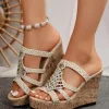 Sale Dear-Lover Woven Straps Beads Wedge Slippers Beige