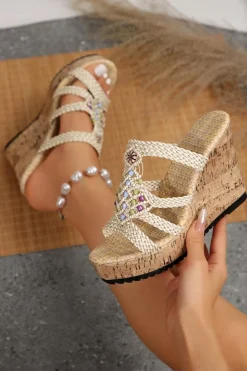 Sale Dear-Lover Woven Straps Beads Wedge Slippers Beige