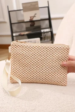 Hot Dear-Lover Woven Zipper Wrist Strap Square Handbag Beige