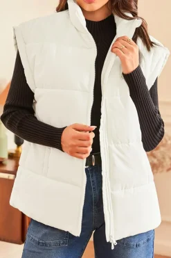 Hot Dear-Lover  Zipper Stand Neck Oversized Puffer Vest Beige