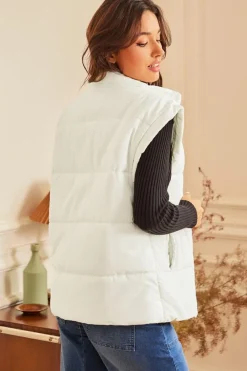 Hot Dear-Lover  Zipper Stand Neck Oversized Puffer Vest Beige