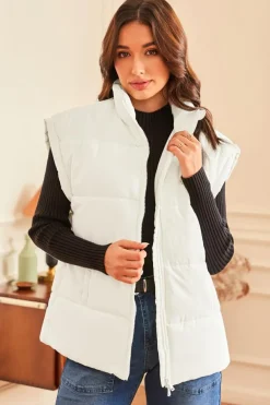 Hot Dear-Lover  Zipper Stand Neck Oversized Puffer Vest Beige