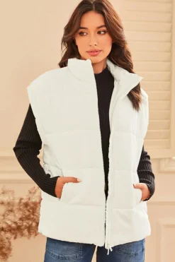 Hot Dear-Lover  Zipper Stand Neck Oversized Puffer Vest Beige
