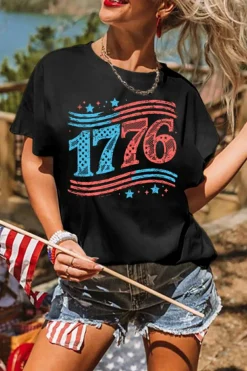 Online Dear-Lover 1776 American Flag Theme Print Crew Neck T Shirt Black