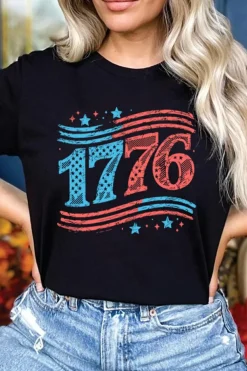Online Dear-Lover 1776 American Flag Theme Print Crew Neck T Shirt Black