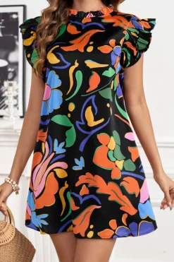 Clearance Dear-Lover Abstract Floral Print Flutter Sleeve Shift Mini Dress Black
