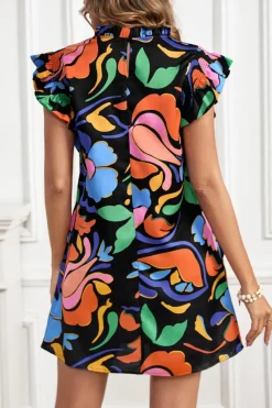 Clearance Dear-Lover Abstract Floral Print Flutter Sleeve Shift Mini Dress Black