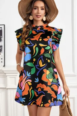 Clearance Dear-Lover Abstract Floral Print Flutter Sleeve Shift Mini Dress Black