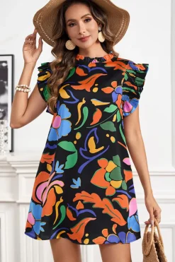Clearance Dear-Lover Abstract Floral Print Flutter Sleeve Shift Mini Dress Black