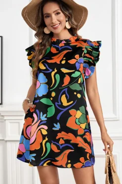 Clearance Dear-Lover Abstract Floral Print Flutter Sleeve Shift Mini Dress Black