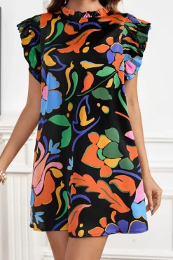 Clearance Dear-Lover Abstract Floral Print Flutter Sleeve Shift Mini Dress Black