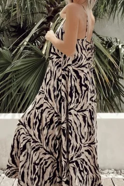 Clearance Dear-Lover Abstract Print Open Back Boho Loose Maxi Sundress Black