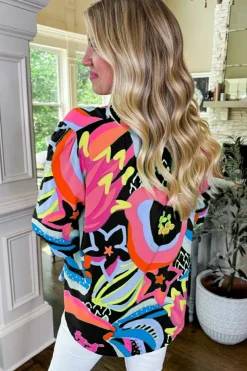Clearance Dear-Lover Abstract Print Ruffled Sleeve Buttoned V Neck Blouse Black