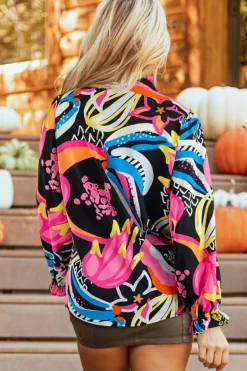 Clearance Dear-Lover Abstract Print Ruffled Sleeve Buttoned V Neck Blouse Black