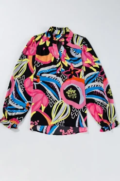 Clearance Dear-Lover Abstract Print Ruffled Sleeve Buttoned V Neck Blouse Black