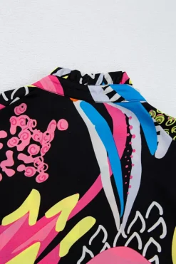 Clearance Dear-Lover Abstract Print Ruffled Sleeve Buttoned V Neck Blouse Black
