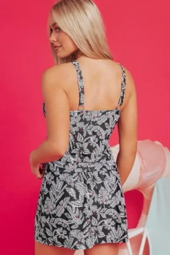Best Dear-Lover Abstract Printed Buckle Crossed Straps Skirted Tankini 2pcs Swimsuit Black