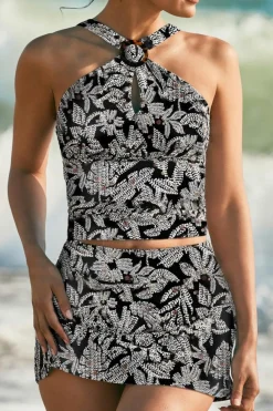 Best Dear-Lover Abstract Printed Buckle Crossed Straps Skirted Tankini 2pcs Swimsuit Black