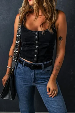 Outlet Dear-Lover Acid Wash Buttoned Cropped Slim Denim Tank Top Black