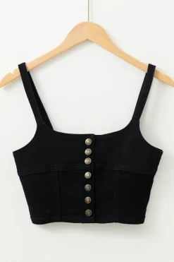 Outlet Dear-Lover Acid Wash Buttoned Cropped Slim Denim Tank Top Black