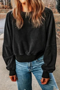 New Dear-Lover Acid Wash V-shape Open Back Sweatshirt Black