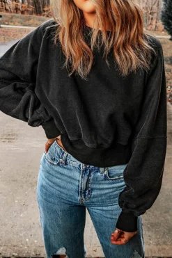New Dear-Lover Acid Wash V-shape Open Back Sweatshirt Black