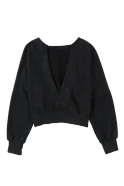 New Dear-Lover Acid Wash V-shape Open Back Sweatshirt Black