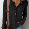 Fashion Dear-Lover Acid Wash Waffle Knit Buttoned Neckline Long Sleeve Top Black
