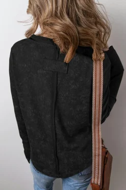 Fashion Dear-Lover Acid Wash Waffle Knit Buttoned Neckline Long Sleeve Top Black