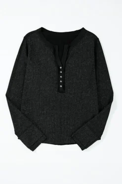 Fashion Dear-Lover Acid Wash Waffle Knit Buttoned Neckline Long Sleeve Top Black