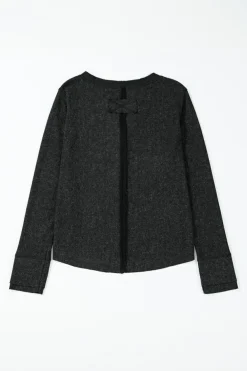Fashion Dear-Lover Acid Wash Waffle Knit Buttoned Neckline Long Sleeve Top Black