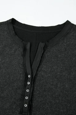 Fashion Dear-Lover Acid Wash Waffle Knit Buttoned Neckline Long Sleeve Top Black