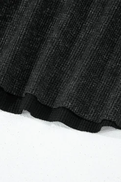 Fashion Dear-Lover Acid Wash Waffle Knit Buttoned Neckline Long Sleeve Top Black