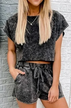 Discount Dear-Lover Acid Washed Short Lounge Set Black