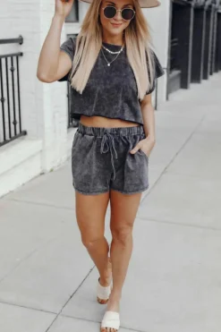 Discount Dear-Lover Acid Washed Short Lounge Set Black