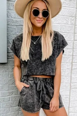 Discount Dear-Lover Acid Washed Short Lounge Set Black