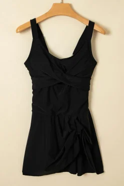 Online Dear-Lover Adjustable Straps Cutout Ruched Knot Slit One Piece Swim Dress Black