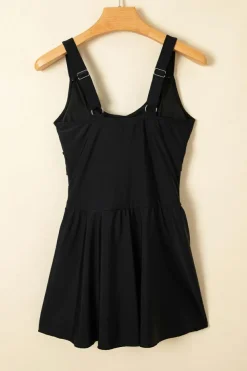 Online Dear-Lover Adjustable Straps Cutout Ruched Knot Slit One Piece Swim Dress Black