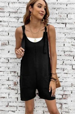 Outlet Dear-Lover Adjustable Straps Pocketed Textured Romper Black