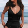 New Dear-Lover Adjustable Straps Ribbed Knit One Piece Swimsuit Black