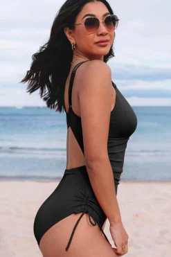 New Dear-Lover Adjustable Straps Ribbed Knit One Piece Swimsuit Black