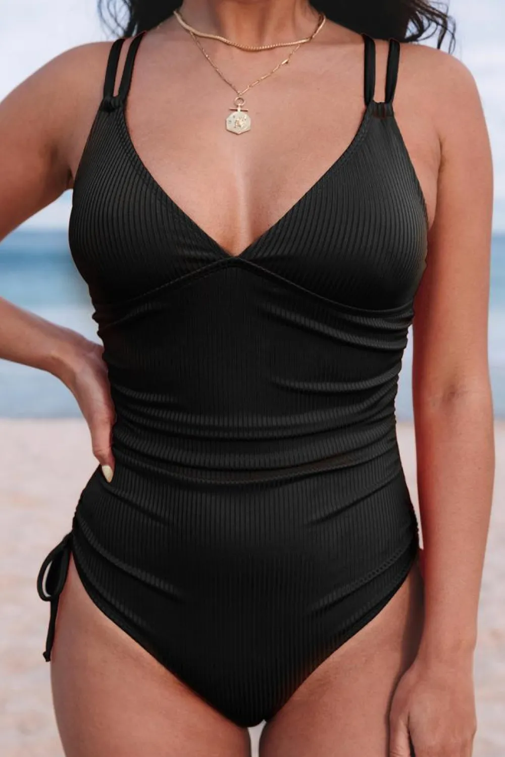 New Dear-Lover Adjustable Straps Ribbed Knit One Piece Swimsuit Black