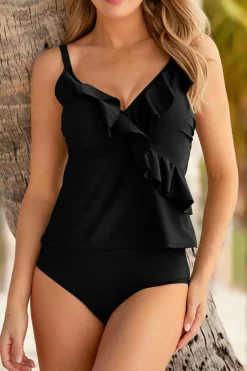 Clearance Dear-Lover Adjustable Straps Ruffle Trim V Neck Tankini 2pcs Swimsuit Black