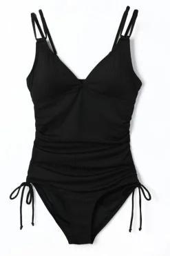 New Dear-Lover Adjustable Straps Ribbed Knit One Piece Swimsuit Black