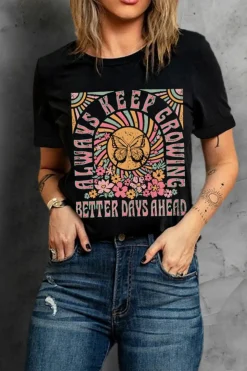 Best Dear-Lover Always Keep Growing Butterfly Flower Crewneck Graphic Tee Black